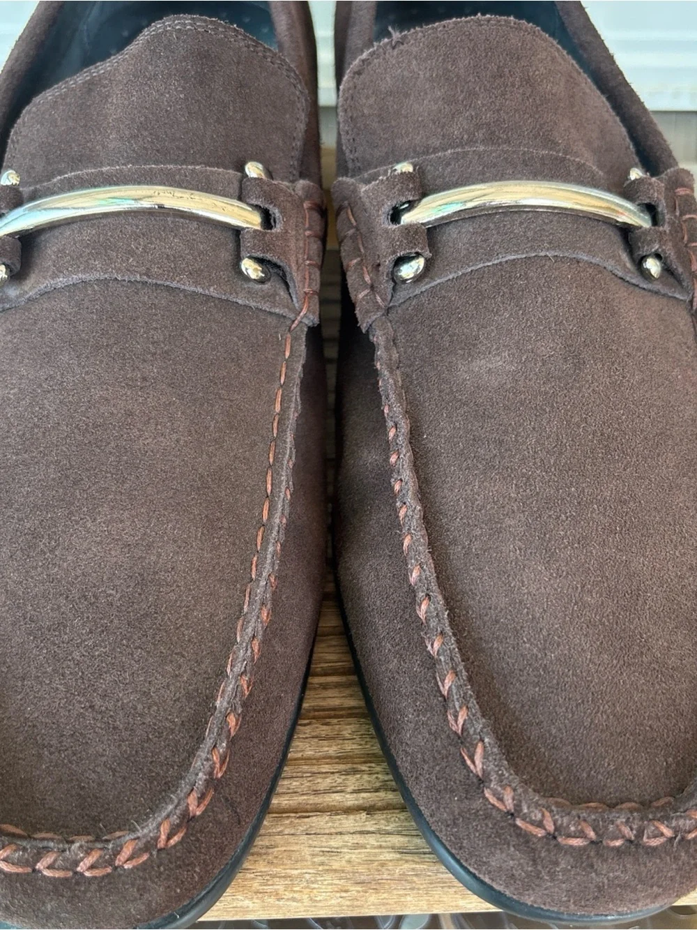 Stacy Adams Brown Suede Slip-On Loafers with Gold-Tone Bit 14 EUC